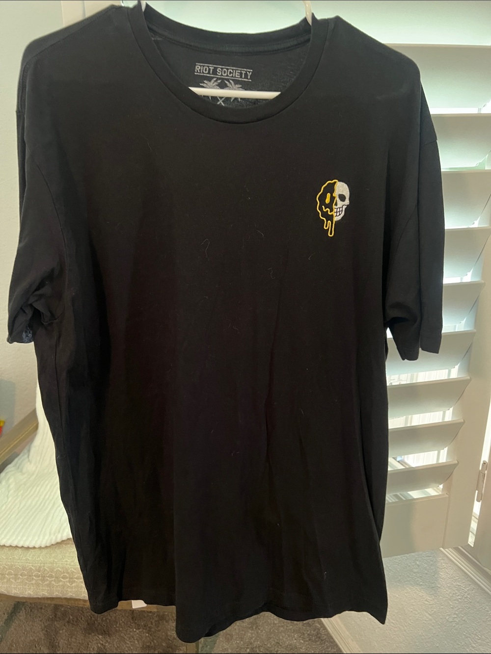 riot society Black Short-Sleeve Tee with Yellow & White Skull Patch